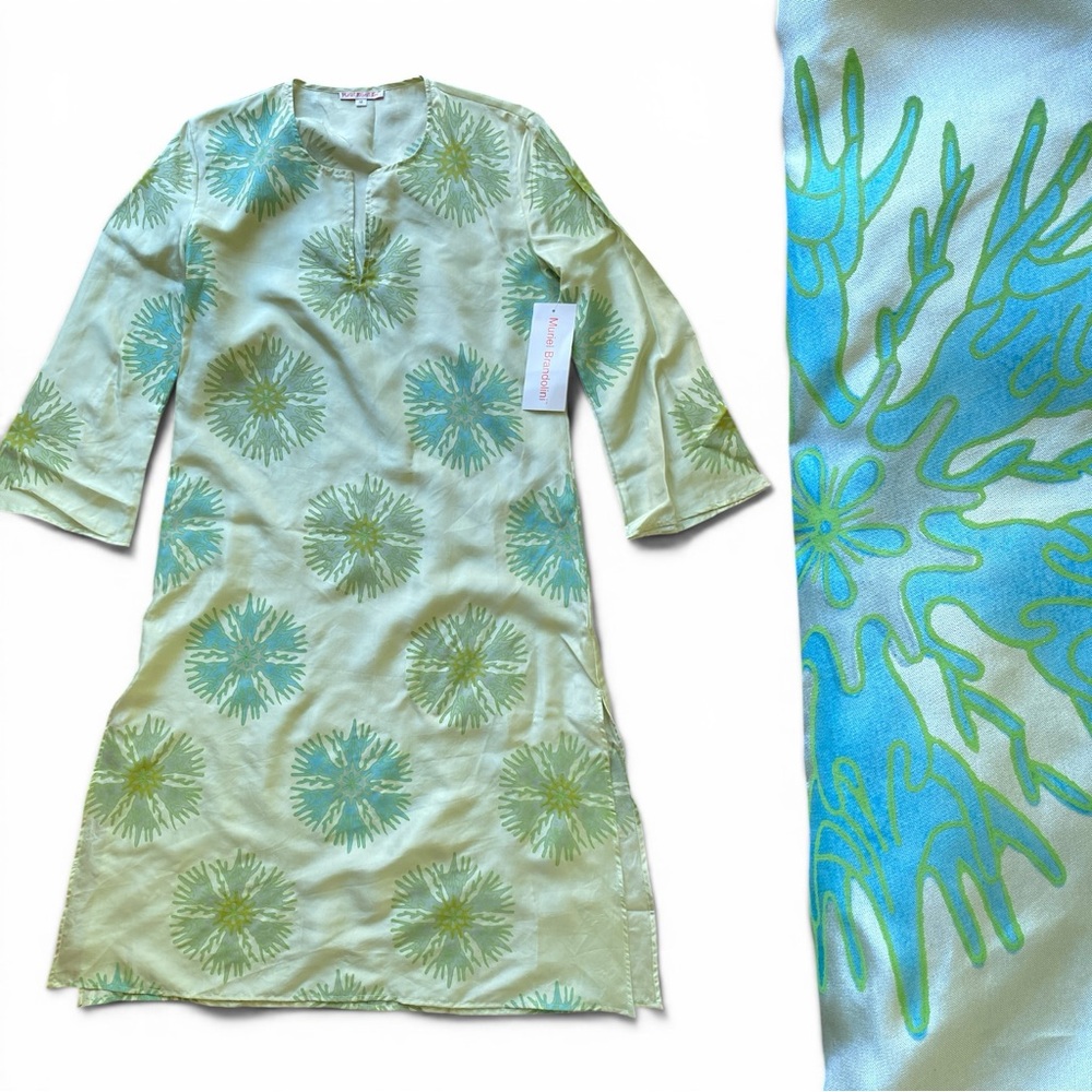 NWT Muriel Brandolini Silk Coverup Sea Creature Green Jelaba Caftan Dress M